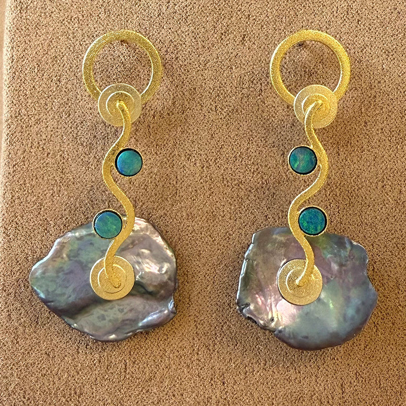 Iridescent Grey Keshi and Opal Wave Earrings