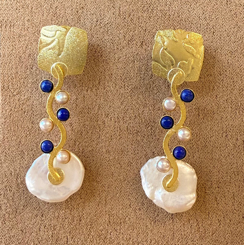 Keshi Wave Earrings with Lapis