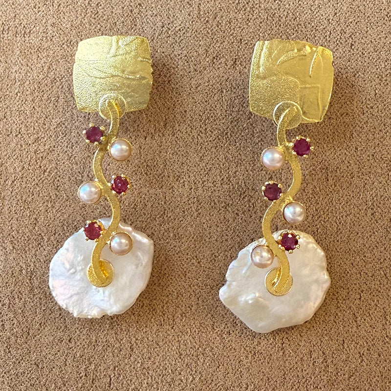 Keshi Wave Earrings with Rubies