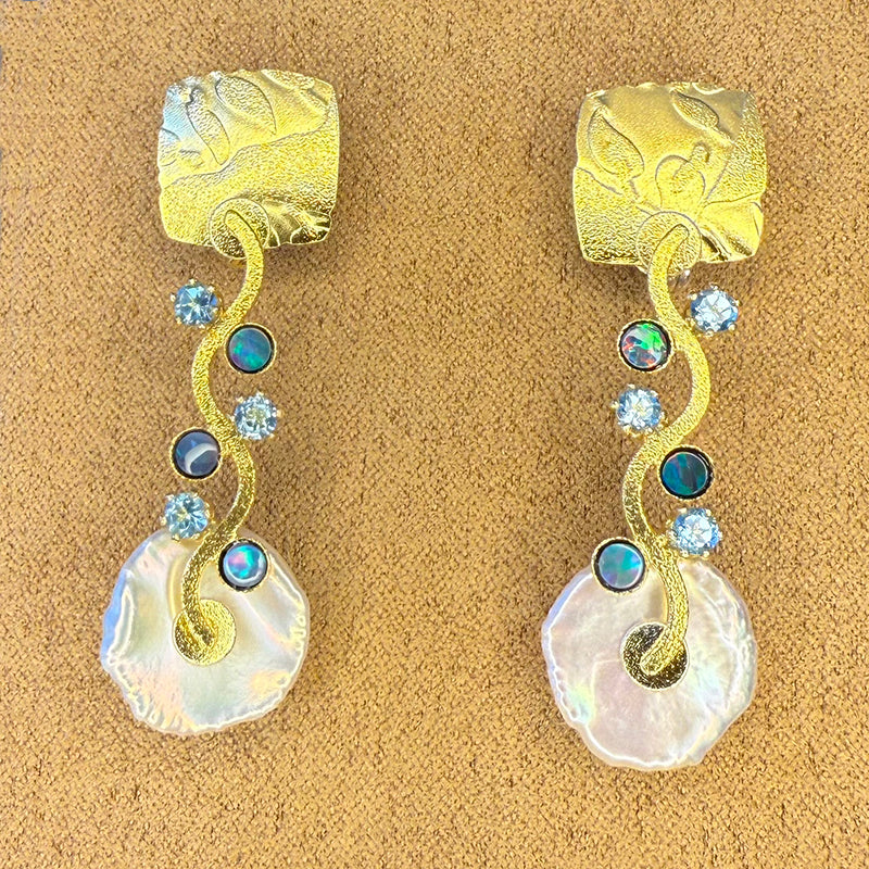 Keshi Wave Earrings with Opals and Topaz
