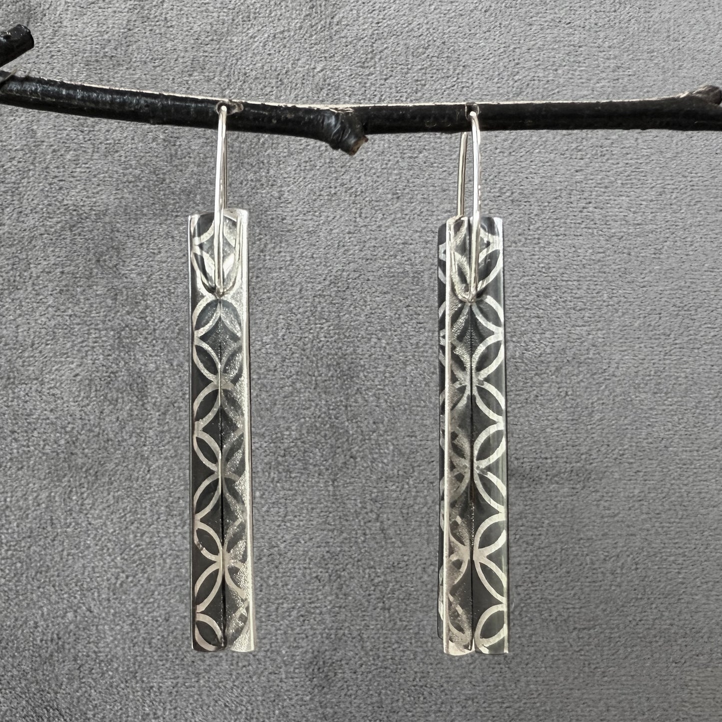 Lace Pattern Silver and Oxidized sterling bar "Doubles" earrings