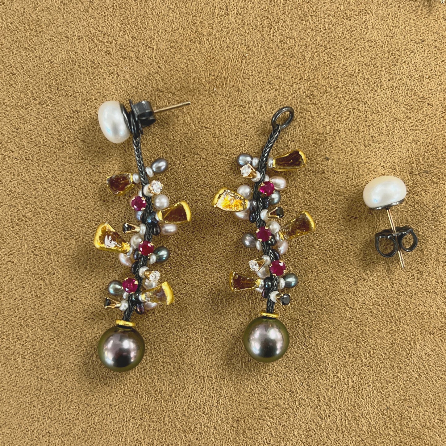Tahitian Pearl, Diamond and Ruby jacket earrings