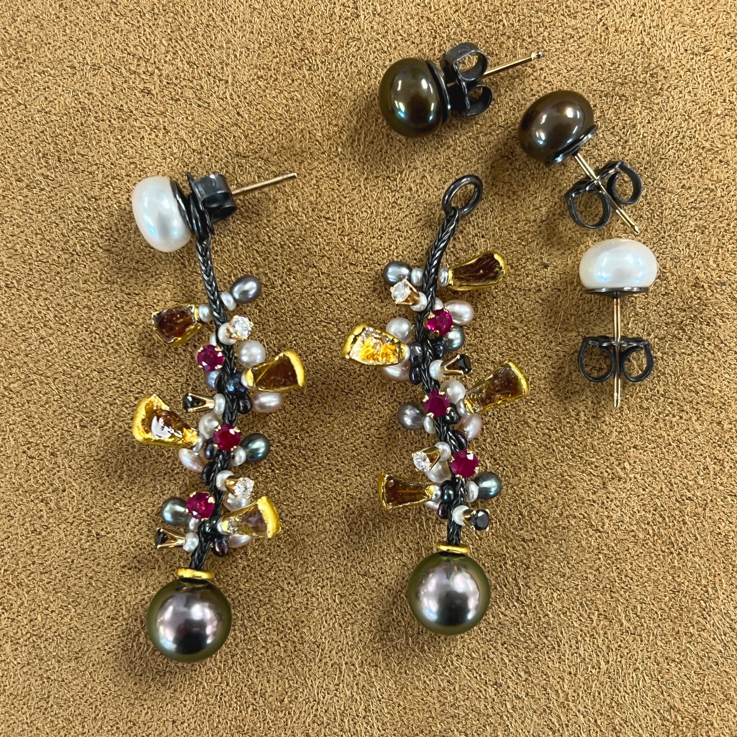 Tahitian Pearl, Diamond and Ruby jacket earrings