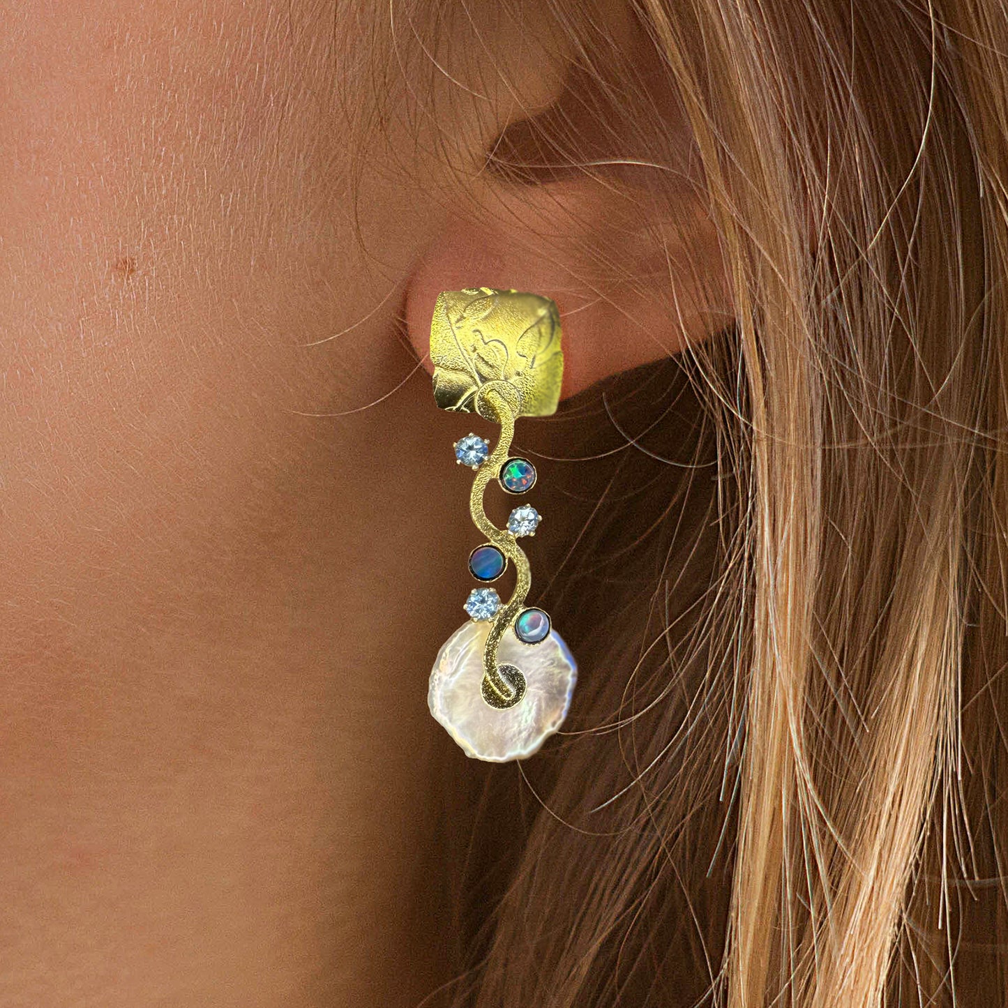Keshi Wave Earrings with Opals and Topaz