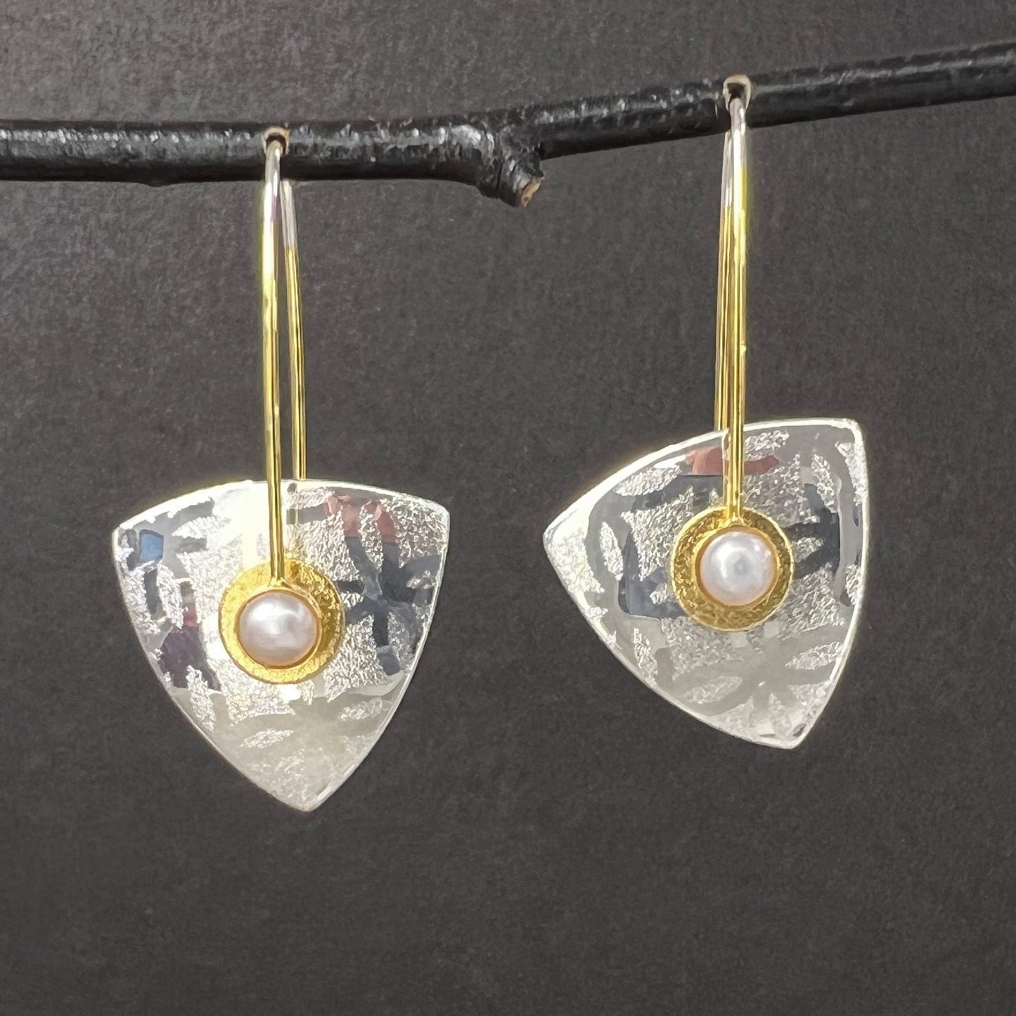 Small Silver Lace Triangle Earrings--Pearl or Cubic Zirconia