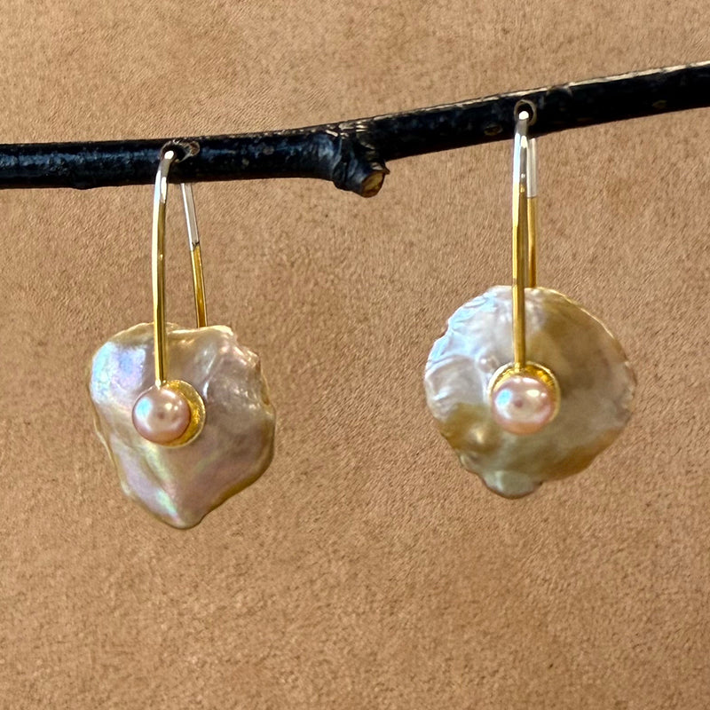 Keshi Pearl Earrings with Freshwater Pearl and Cubic Zirconia Centers