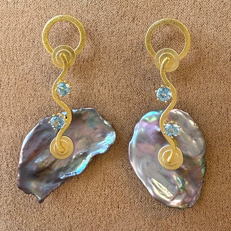 Iridescent Keshi and Topaz Wave Earrings