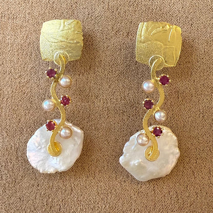Keshi Wave Earrings with Rubies