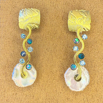 Keshi Wave Earrings with Opals and Topaz