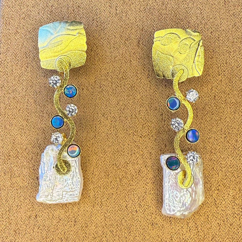 Keshi Wave Earrings with Opals and Cubic Zirconia