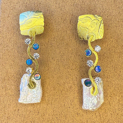 Keshi Wave Earrings with Opals and Cubic Zirconia