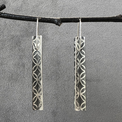 Lace Pattern Silver and Oxidized sterling bar "Doubles" earrings