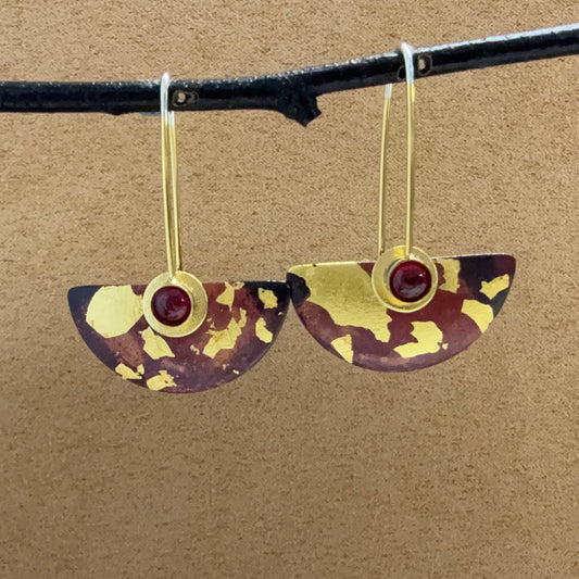 Half-round "Raku" earrings with gold leaf and Rhodolite Garnets