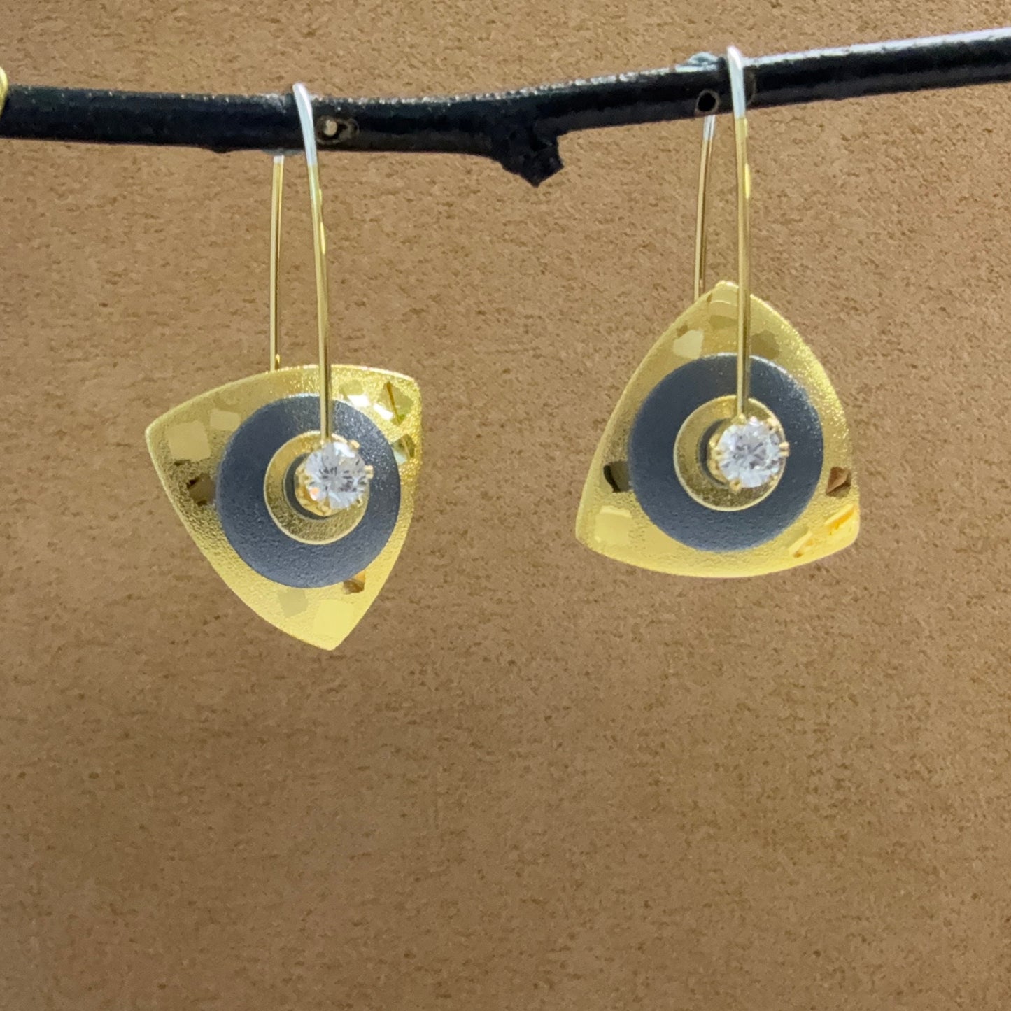 Small Vermeil Triangle earrings with Oxidized disk and Cubic Zirconia