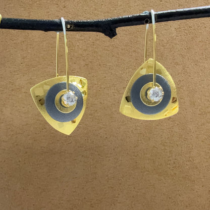 Small Vermeil Triangle earrings with Oxidized disk and Cubic Zirconia