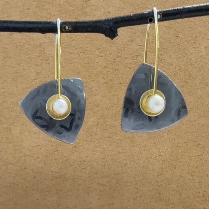 Small Oxidized Sterling Triangle earrings with Pearls