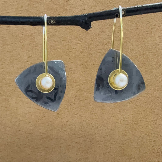 Small Oxidized Sterling Triangle earrings with Pearls