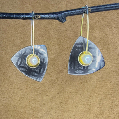 Small Oxidized Sterling Triangle earrings with Pearls