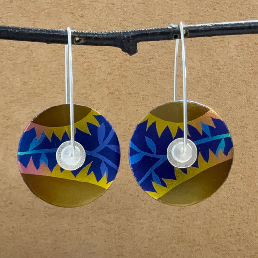 Large Sunflower Niobium Circular earrings with Sterling Ear Wires