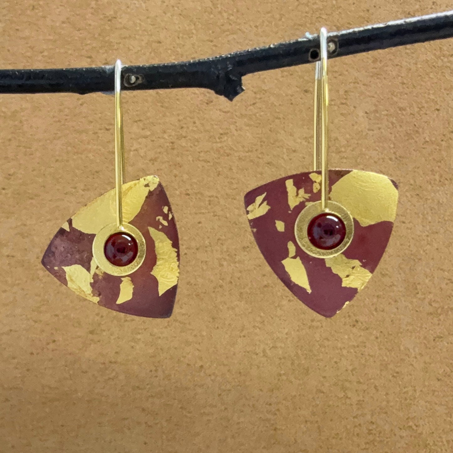 "Raku" Small Triangle earrings with Gold Leaf and Garnets