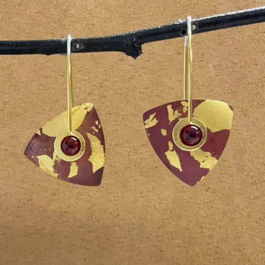 "Raku" Small Triangle earrings with Gold Leaf and Garnets