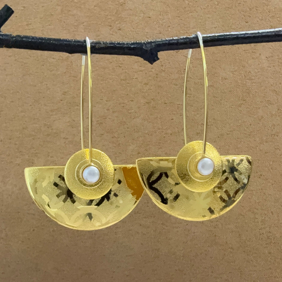 Large Gold Plated Half-Round earrings with Pearls