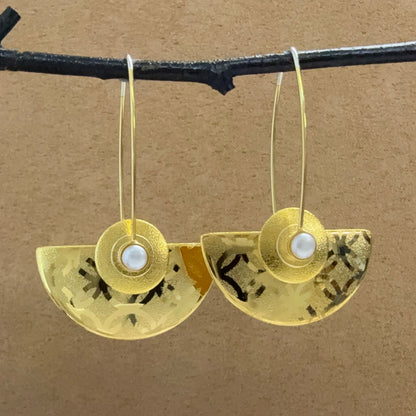 Large Gold Plated Half-Round earrings with Pearls