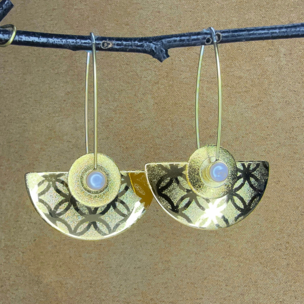 Large Gold Plated Half-Round earrings with Pearls