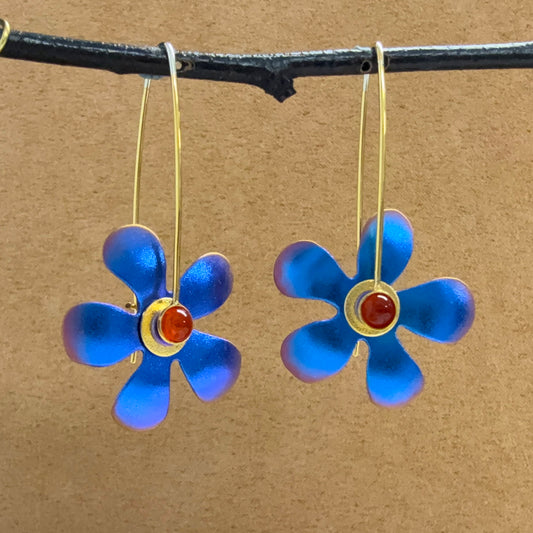 Large Niobium Flower earrings with Carnelians