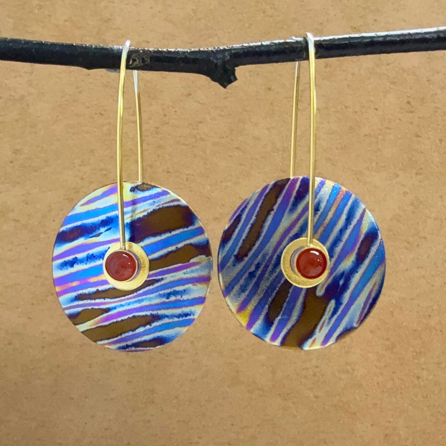 Large Niobium Circular earrings with Carnelians