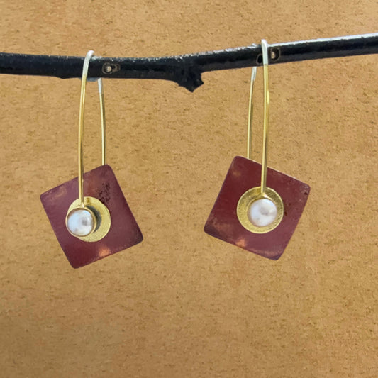 "Raku" Tiny Square Earrings with Pearls