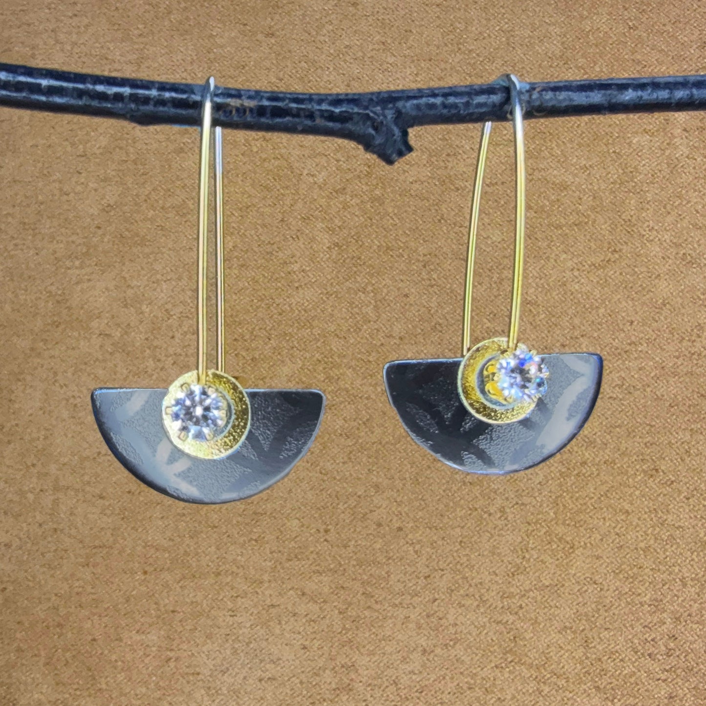 Tiny Oxidized Sterling Triangle earrings with Cubic Zirconia