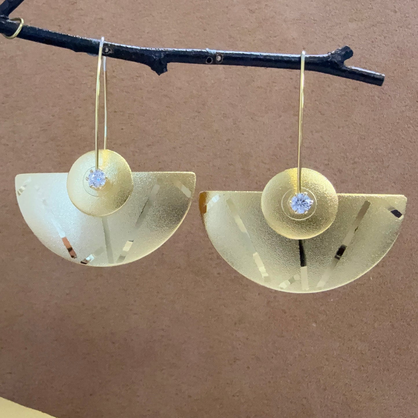 Extra Large Gold Plated Half-Round earrings with Cubic Zirconia