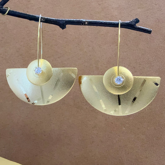 Extra Large Gold Plated Half-Round earrings with Cubic Zirconia