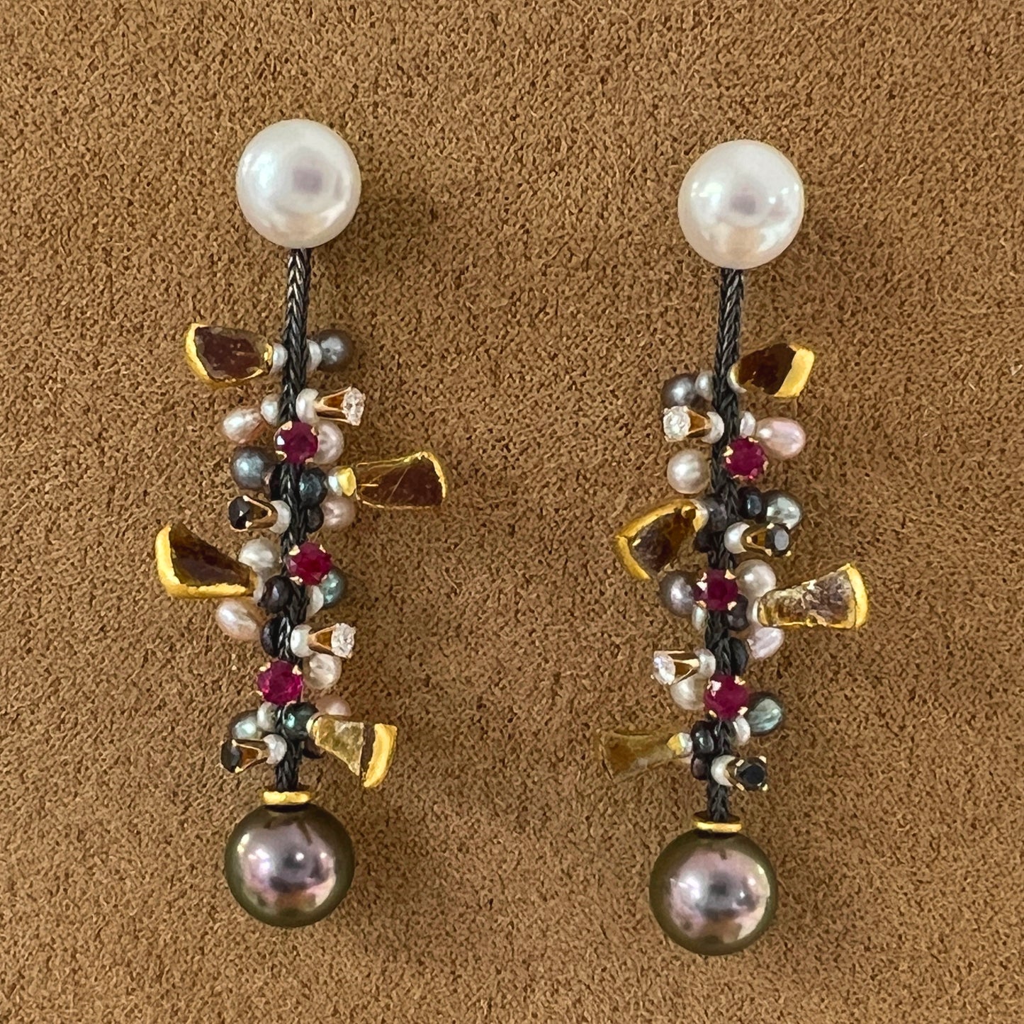 Tahitian Pearl, Diamond and Ruby jacket earrings