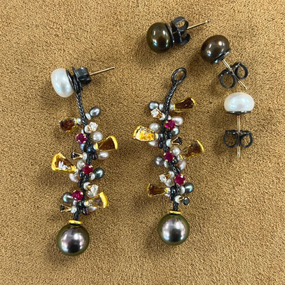 Tahitian Pearl, Diamond and Ruby jacket earrings
