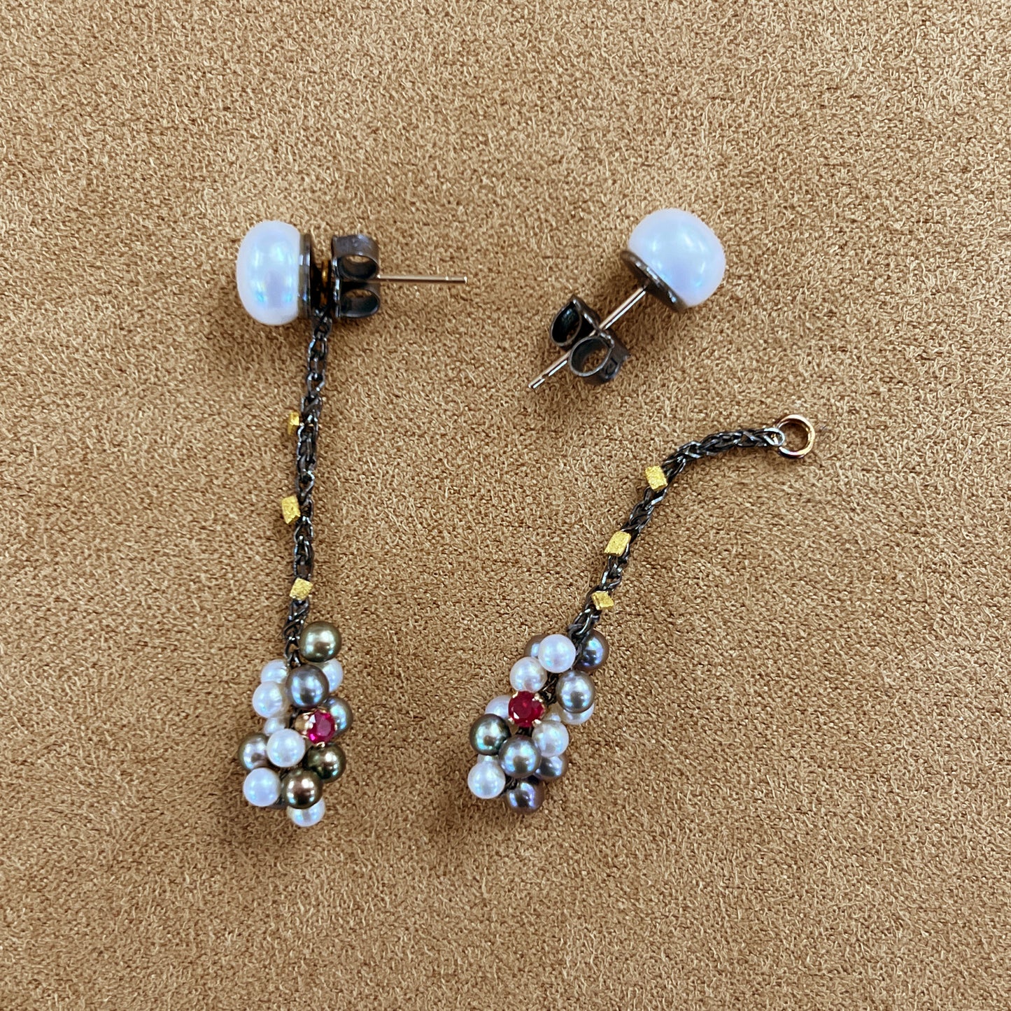 Pearl and Ruby Cluster Jacket earrings