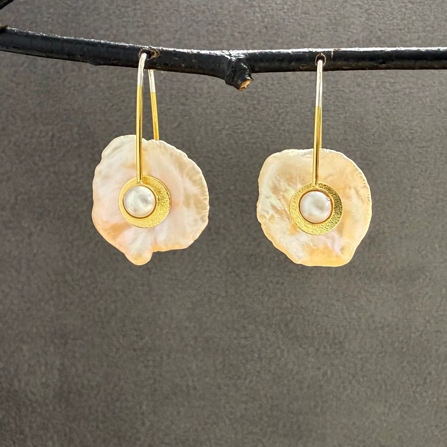 Keshi Pearl Earrings with Freshwater Pearl and Cubic Zirconia Centers