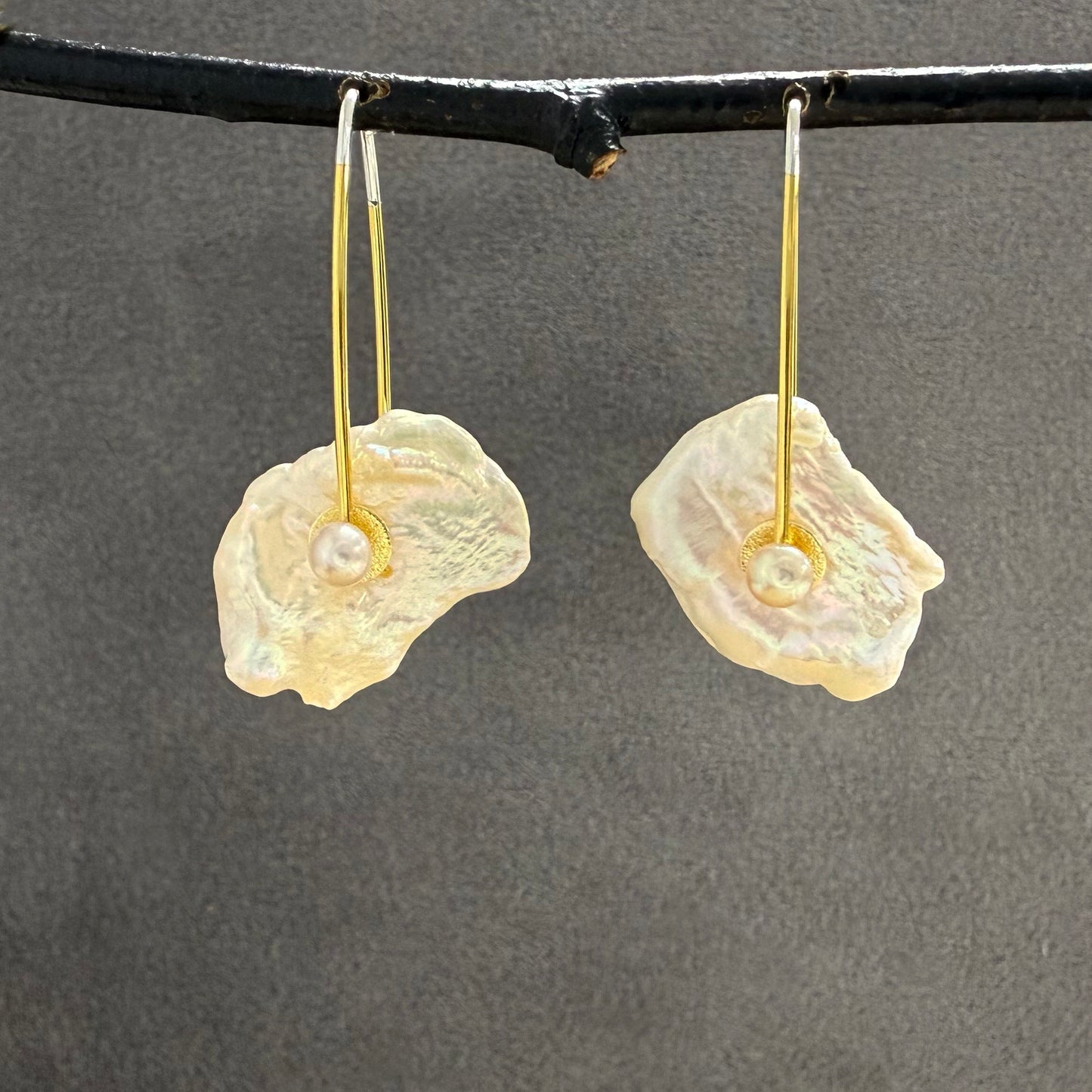 Keshi Pearl Earrings with Freshwater Pearl and Cubic Zirconia Centers