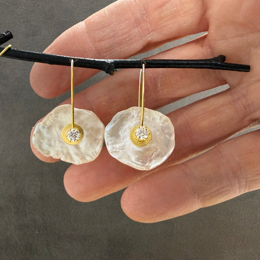 Keshi Pearl Earrings with Freshwater Pearl and Cubic Zirconia Centers