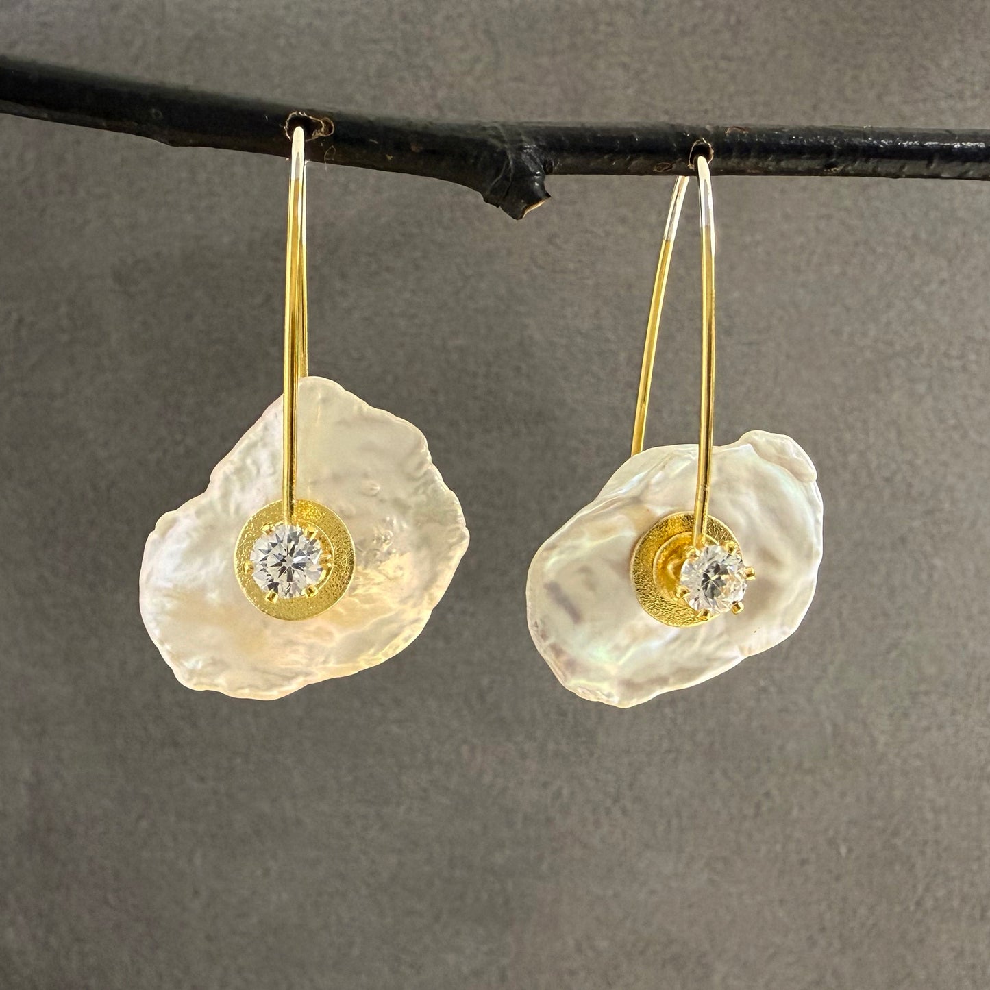 Keshi Pearl Earrings with Freshwater Pearl and Cubic Zirconia Centers