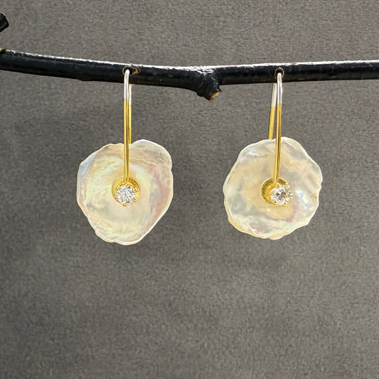 Keshi Pearl Earrings with Freshwater Pearl and Cubic Zirconia Centers