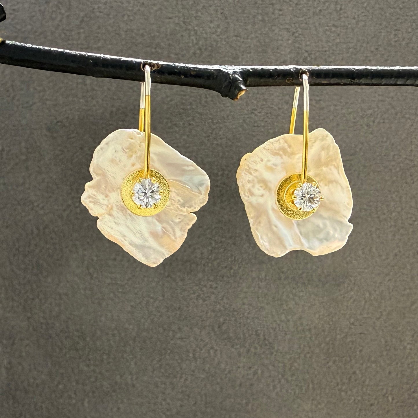 Keshi Pearl Earrings with Freshwater Pearl and Cubic Zirconia Centers