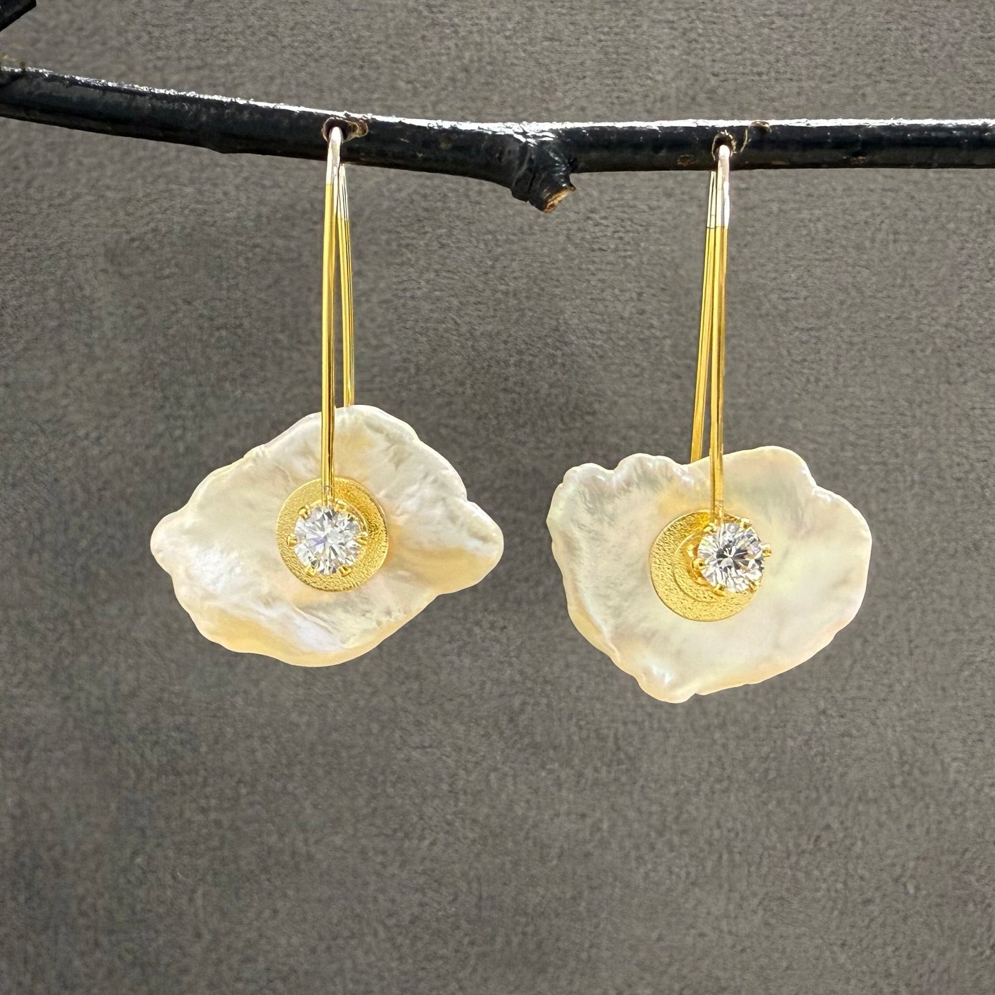 Keshi Pearl Earrings with Freshwater Pearl and Cubic Zirconia Centers