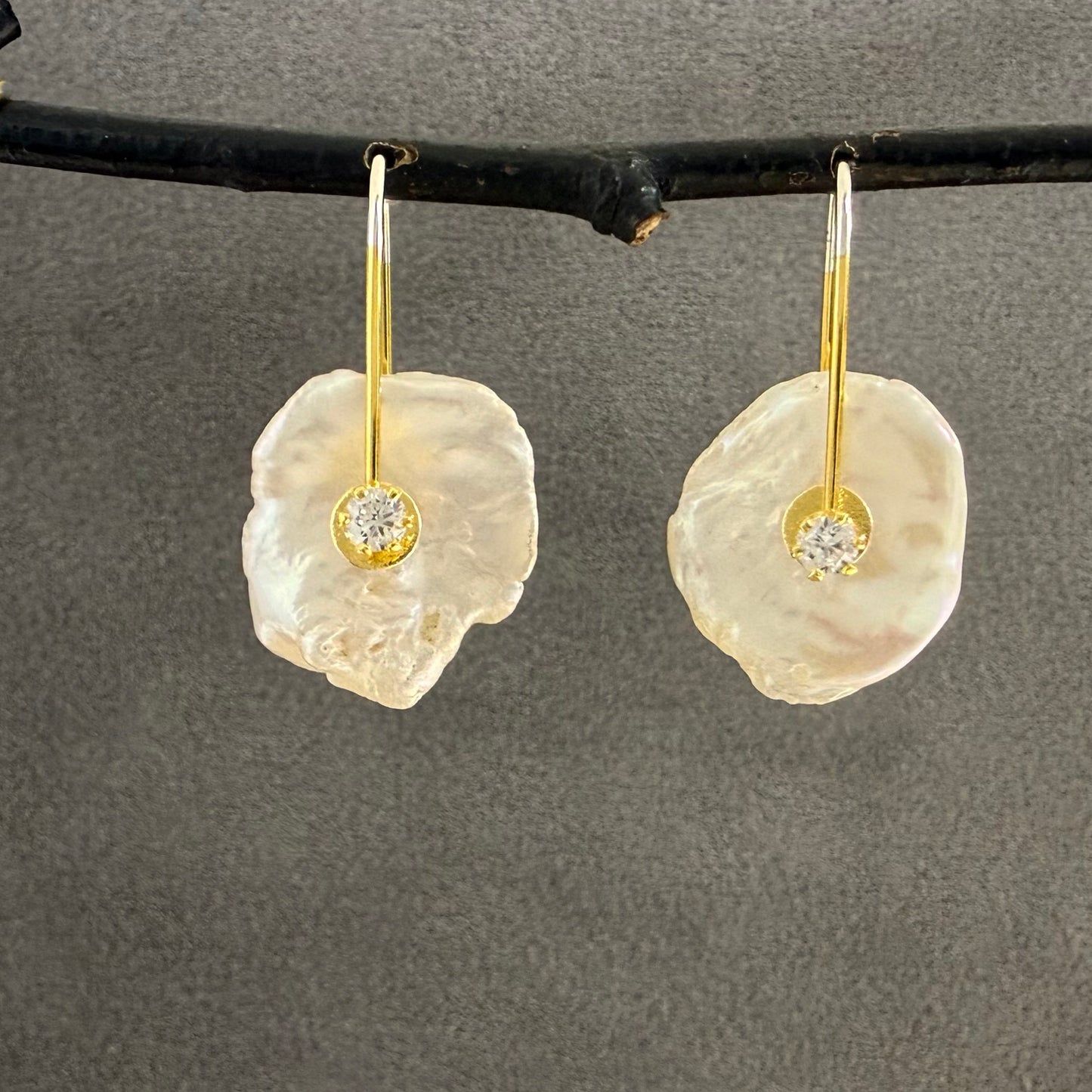 Keshi Pearl Earrings with Freshwater Pearl and Cubic Zirconia Centers