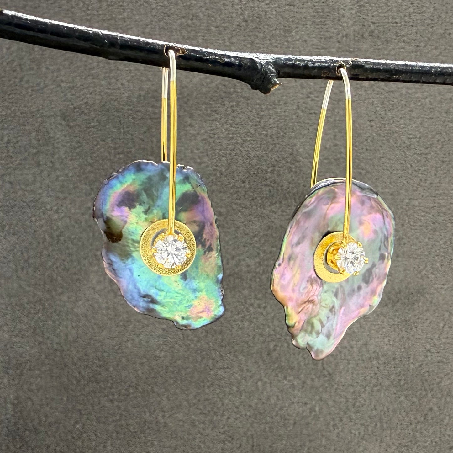 Keshi Pearl Earrings with Freshwater Pearl and Cubic Zirconia Centers