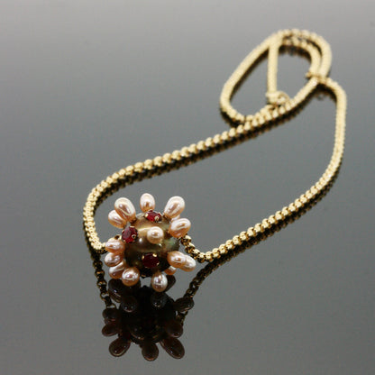 Ruby and Pearl Thistle Necklace on 14k Gold Chain