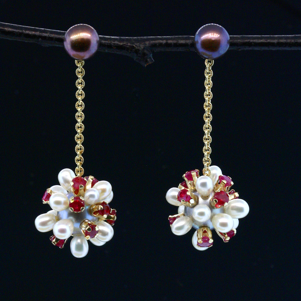Ruby and Pearl Thistle Jacket Earrings