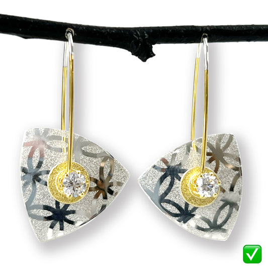 Small Silver Lace Triangle Earrings--Pearl or Cubic Zirconia